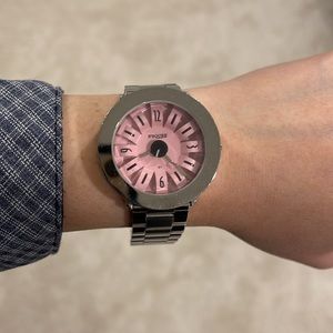 Silver chain fashion watch with pink face
